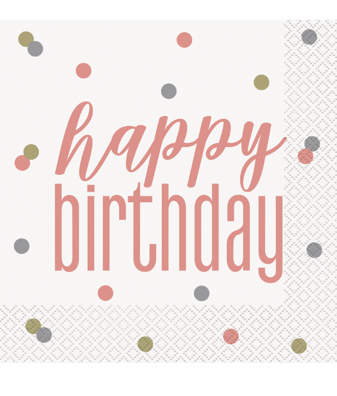 Serviettes en papier Happy Birthday blanches et rose gold 33 x 33 cm