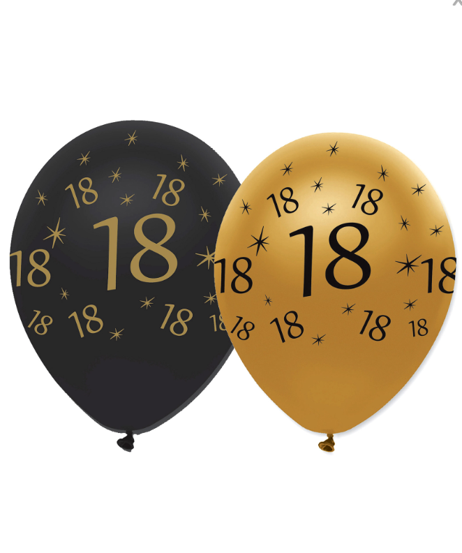 Ballons en latex 18 ans noirs et dorés 30 cm