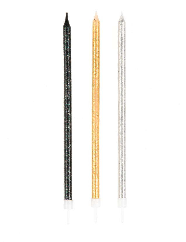 Grandes bougies pailletées noires, dorées et grises 15 cm