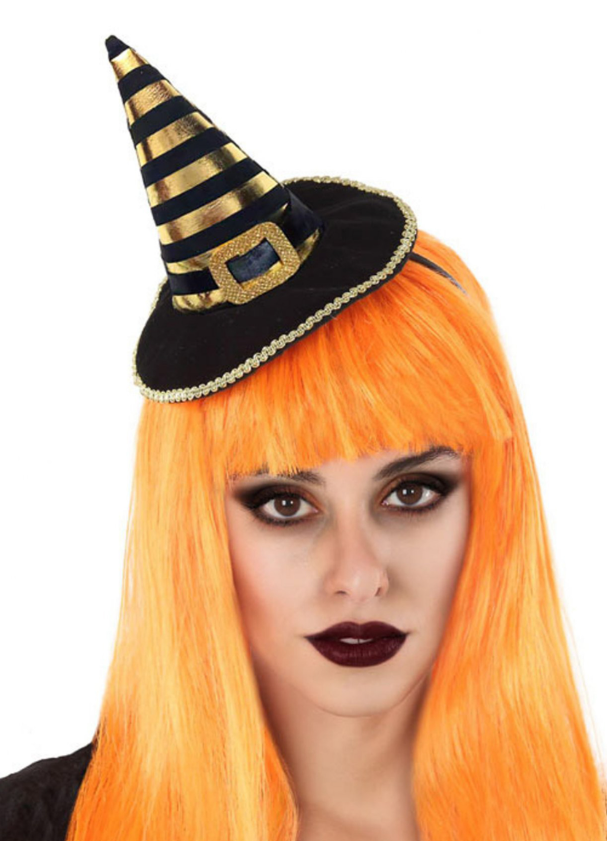 Serre-tête mini chapeau de sorcière rayé noir et or adulte