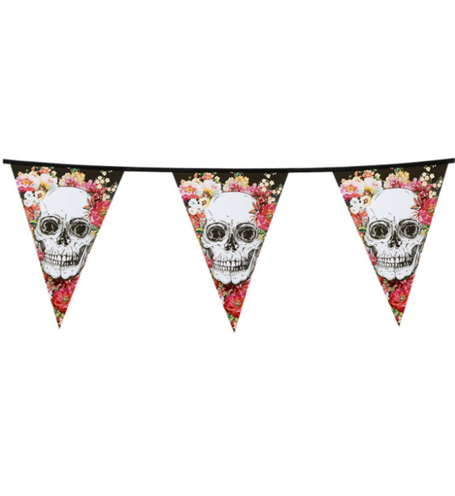 Guirlande en plastique squelette fleuri noir 6 m