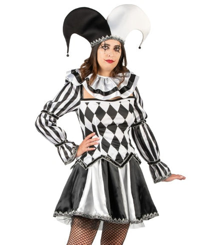 Déguisement bouffon diabolique noir et blanc luxe femme