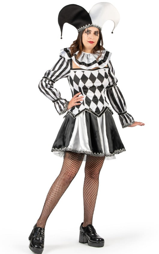 Déguisement bouffon diabolique noir et blanc luxe femme