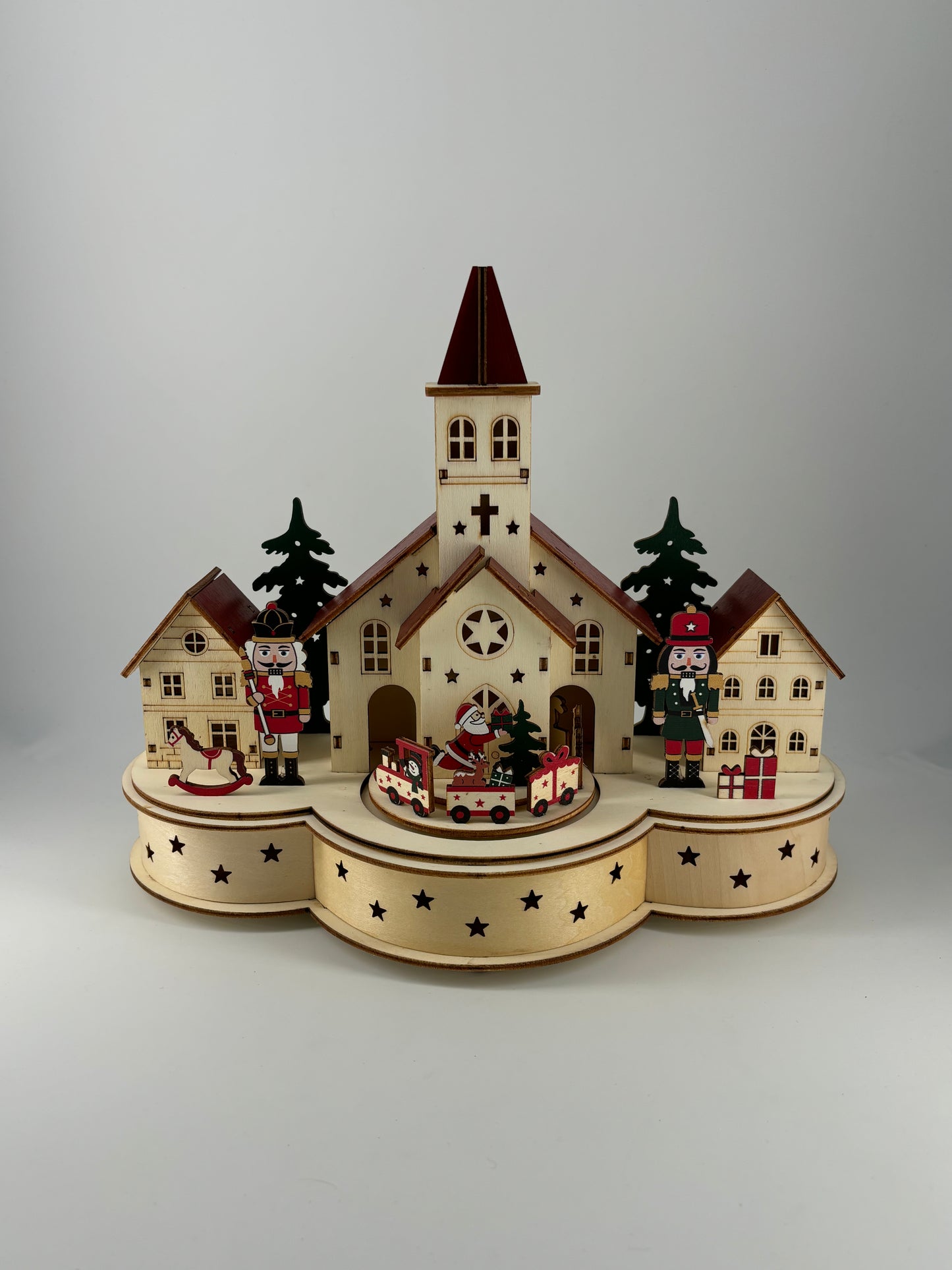Village de Noël en bois lumineux et musical à piles