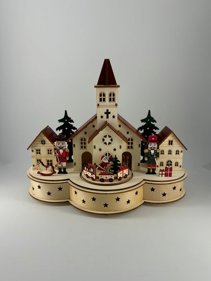 Village de Noël en bois lumineux et musical à piles