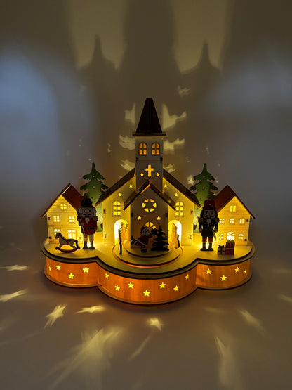 Village de Noël en bois lumineux et musical à piles