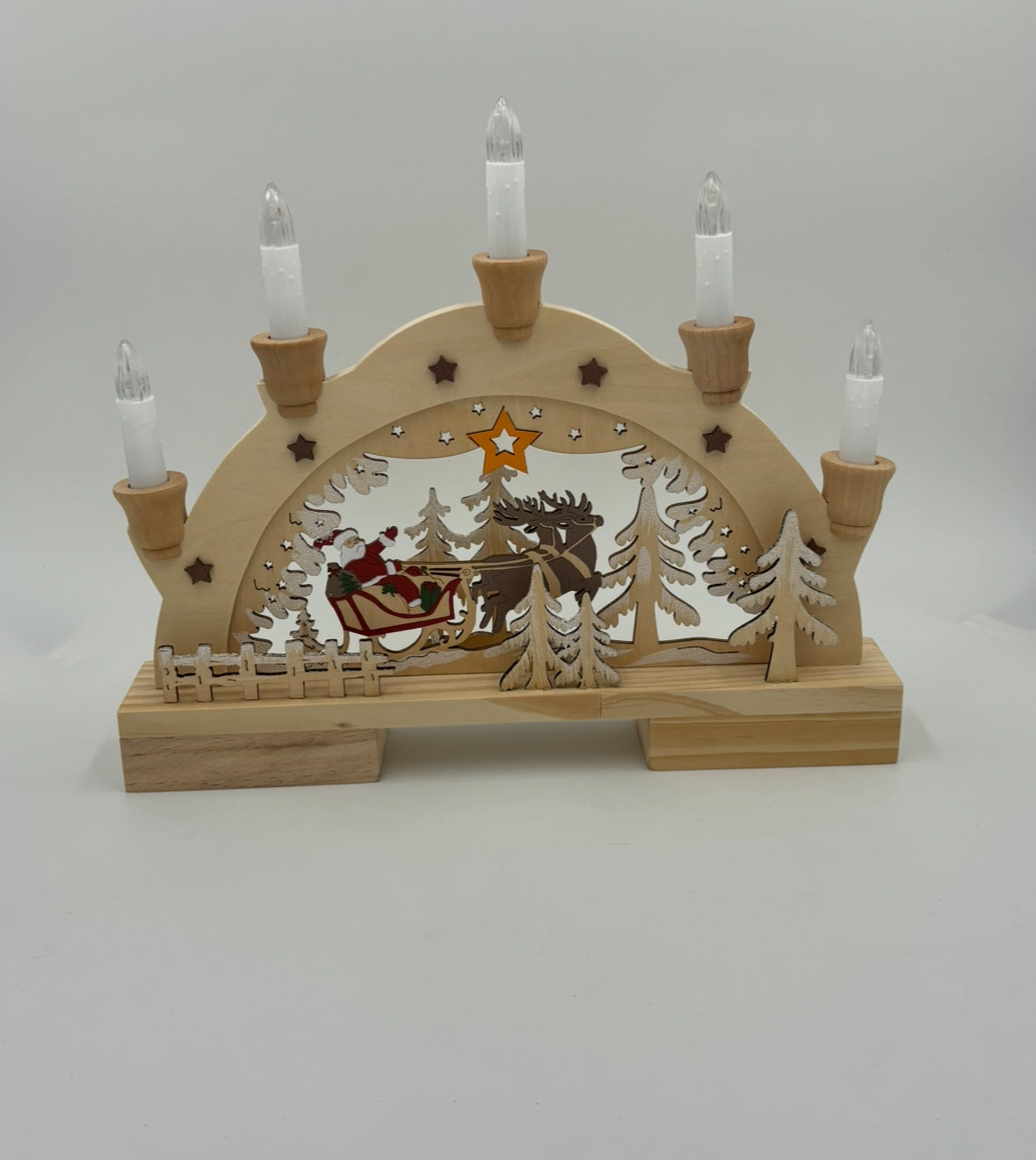 Arc lumineux Traîneau du Père Noël avec 5 LED en bois naturel (L/H/P) 32x27x5cm