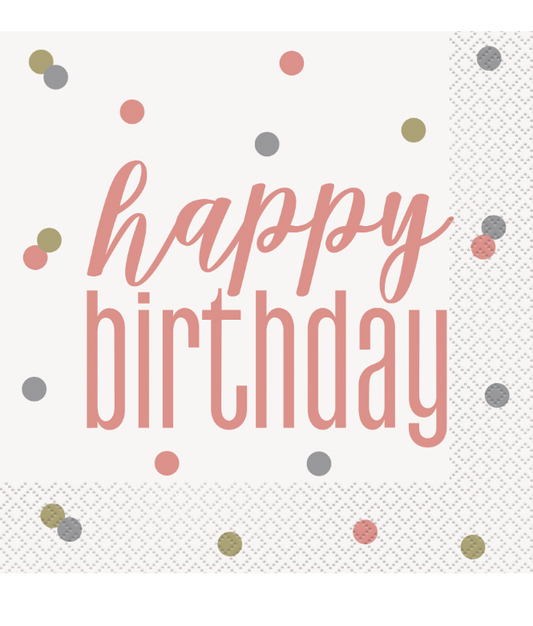 Serviettes en papier Happy Birthday blanches et rose gold 33 x 33 cm