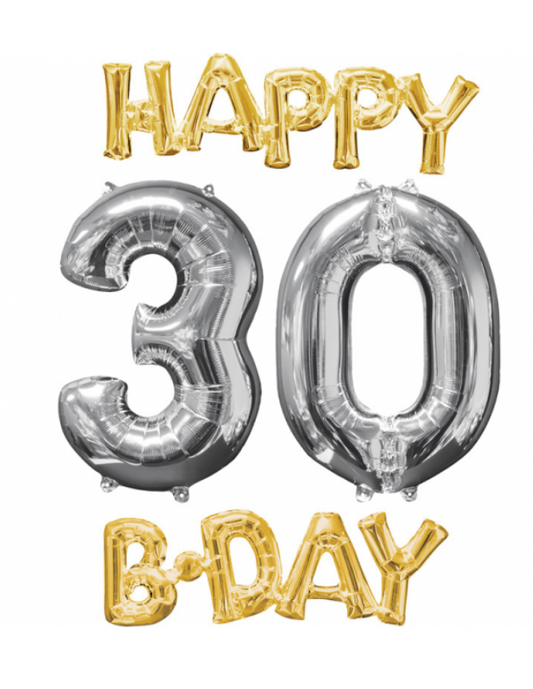 Ballons aluminium Happy Bday 30 or et argent