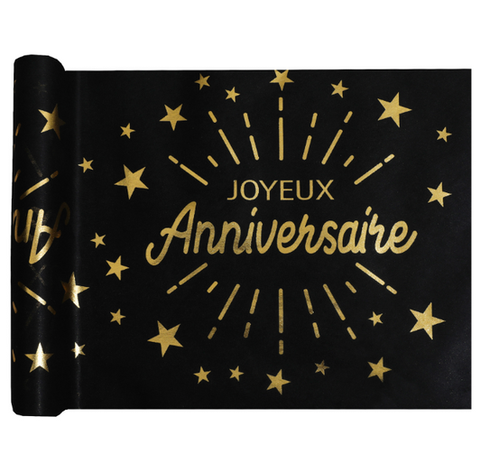 Chemin de table intissé anniversaire noir et or 5 m x 30 cm