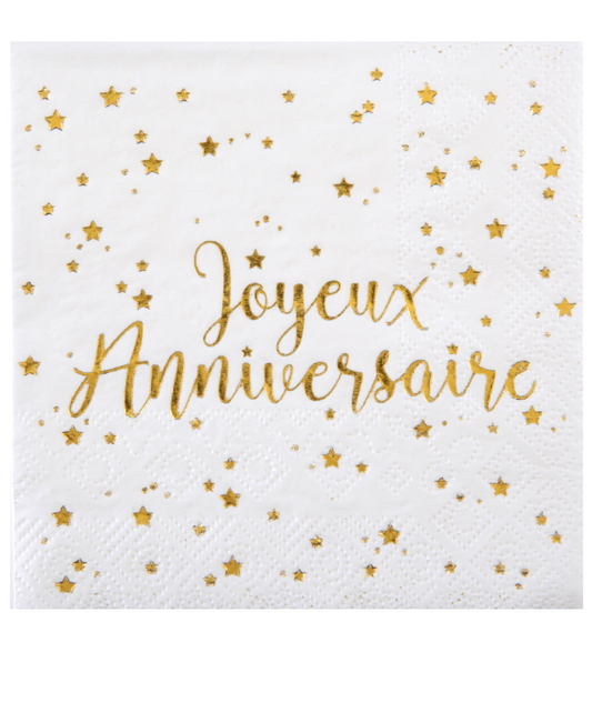 Petites serviettes en papier Joyeux Anniversaire métallisé blanc et doré 25 x 25 cm