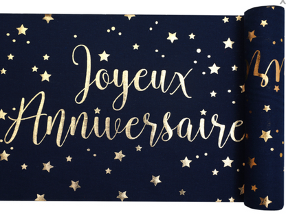 Chemin de table coton joyeux anniversaire bleu et or 28 cm x 3 m