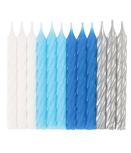 Bougies d'anniversaire bleues, blanches et argentées 7 cm par 24