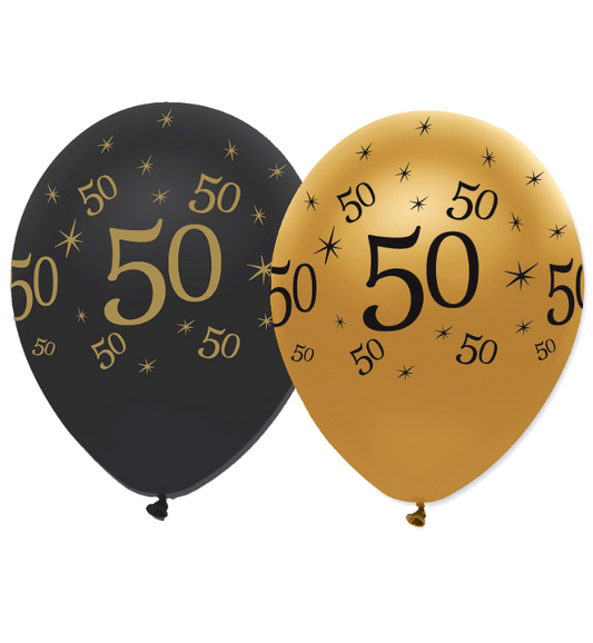 Ballons en latex 50 ans noirs et dorés 30 cm