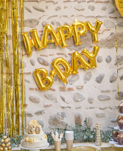 Ballon aluminium lettres Happy Birthday doré