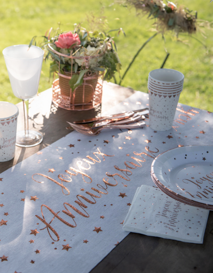 Chemin de table coton anniversaire rose gold 3m x 28 cm