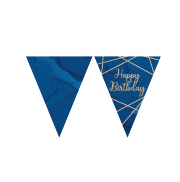 Guirlande fanions en plastique happy birthday marbre bleue et dorée 3,7 m