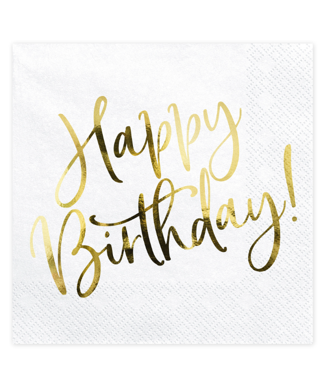Serviettes en papier happy birthday blanches et dorées 33 x 33 cm