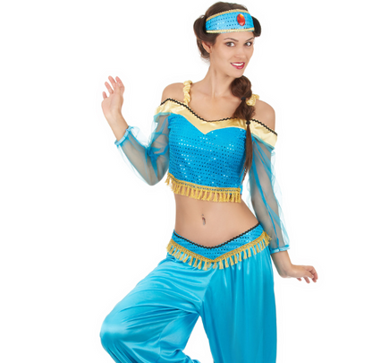 Déguisement danseuse orientale bleue et or femme
