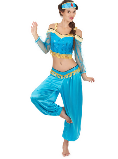 Déguisement danseuse orientale bleue et or femme