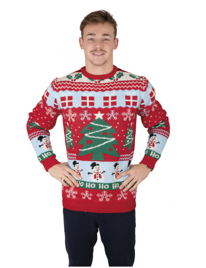 Pull de Noël adulte rouge avec sapins de Noël
